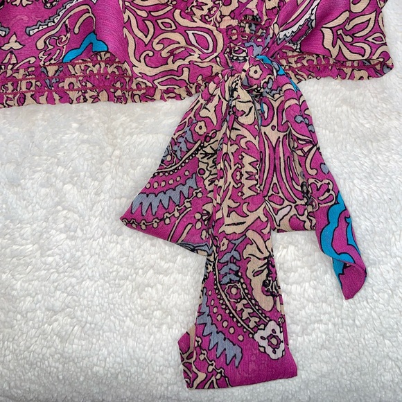 New Directions Patterned Pink and Blue Tie Detail Top - Picture 2 of 6